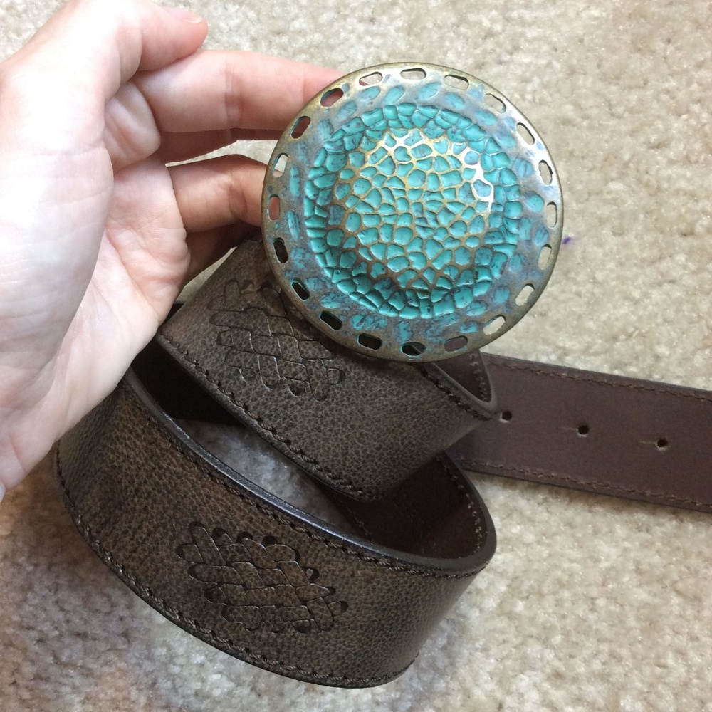 Cole Haan Textured Brown Belt with Teal Buckle